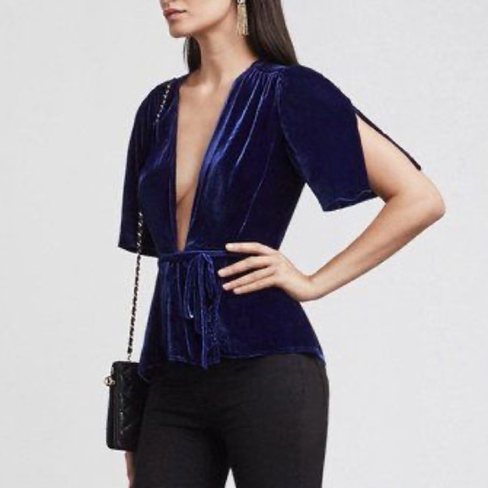 Reformation Bara Plunging Velvet Wrap Top Navy Sz M